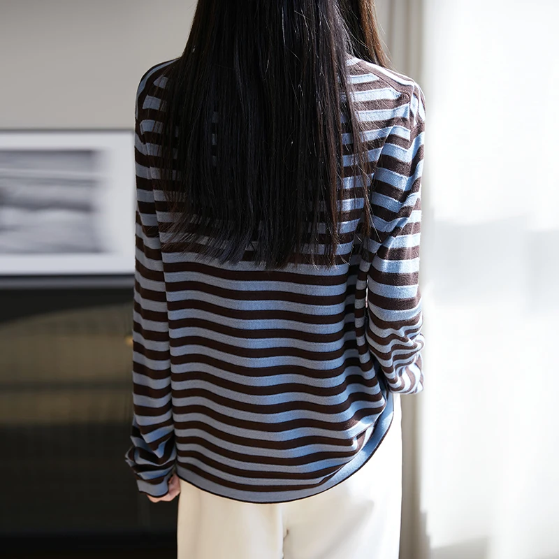 봄 여성 오-넥 긴 소매 스웨터 여성 느슨한 달콤한 패션 탑 하이 엔드 여성 스트라이프 대형 니트 풀오버 여름