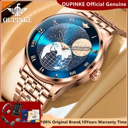 OUPINKE Luxury Swiss Automatic Watch Men 3D Earth Starry Star Rotating Dial Moon Phase Men's Wristwatch Mechanical Watch for Men