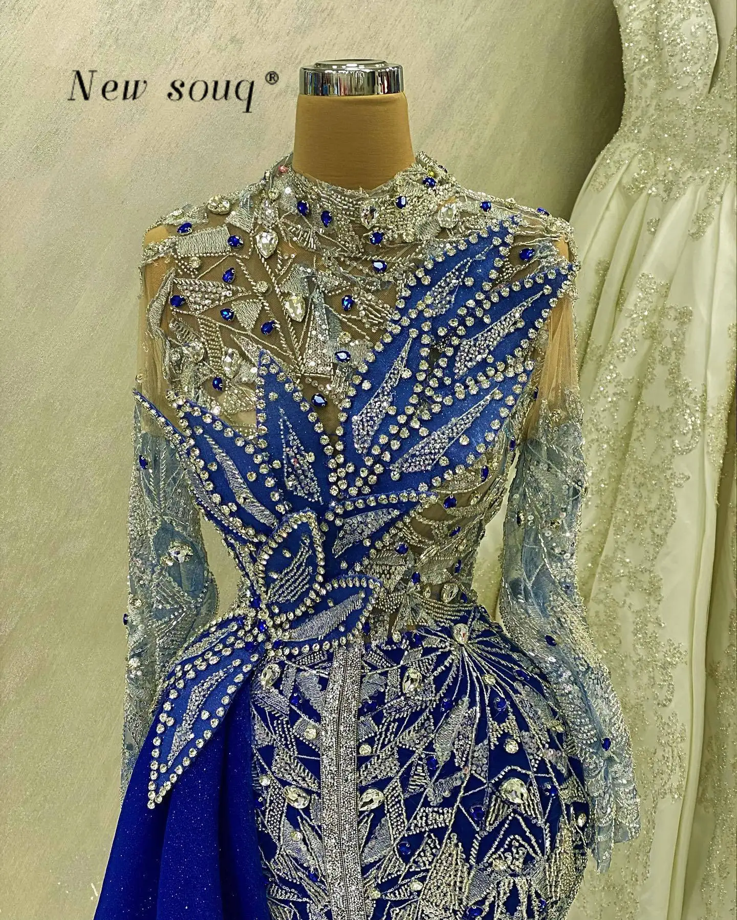 Robe de soirée longue de forme sirène, bleu arabe, paillettes perlées, paillettes, avec fente sur le devant, robes de soirée de mariage formelles personnalisées pour femmes