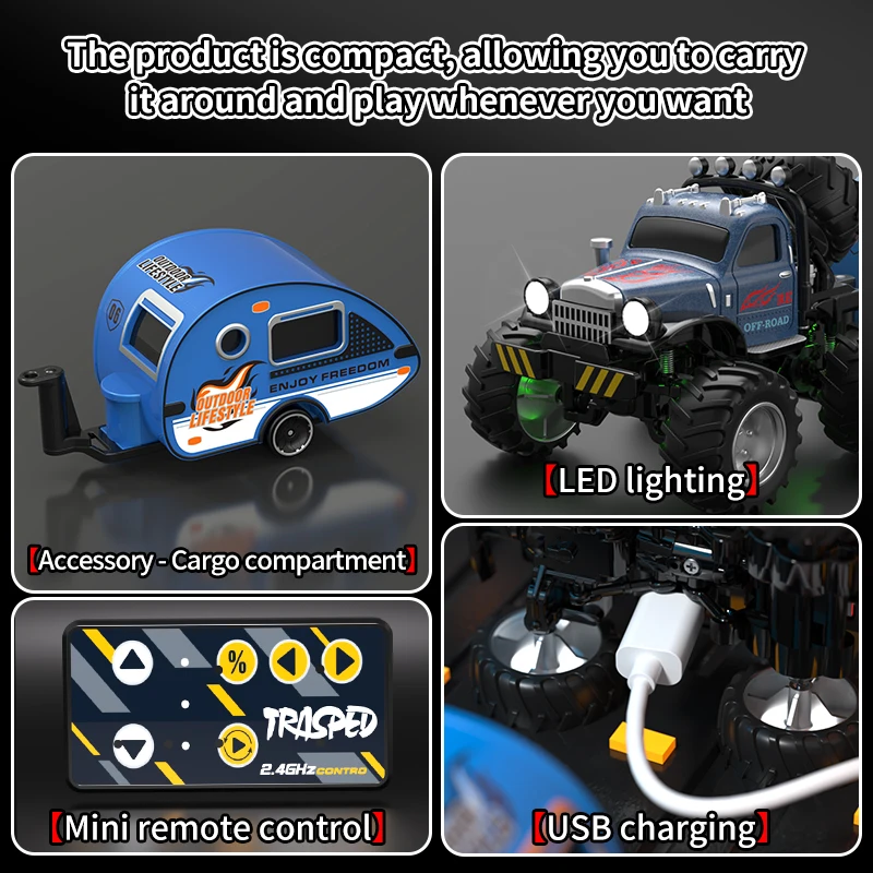 Q222 Q223 1:64 Mini RC Truck with Trailer Monster-Regulating Alloy All Terrain Remote Control Model Cars Toys for Kids Gift