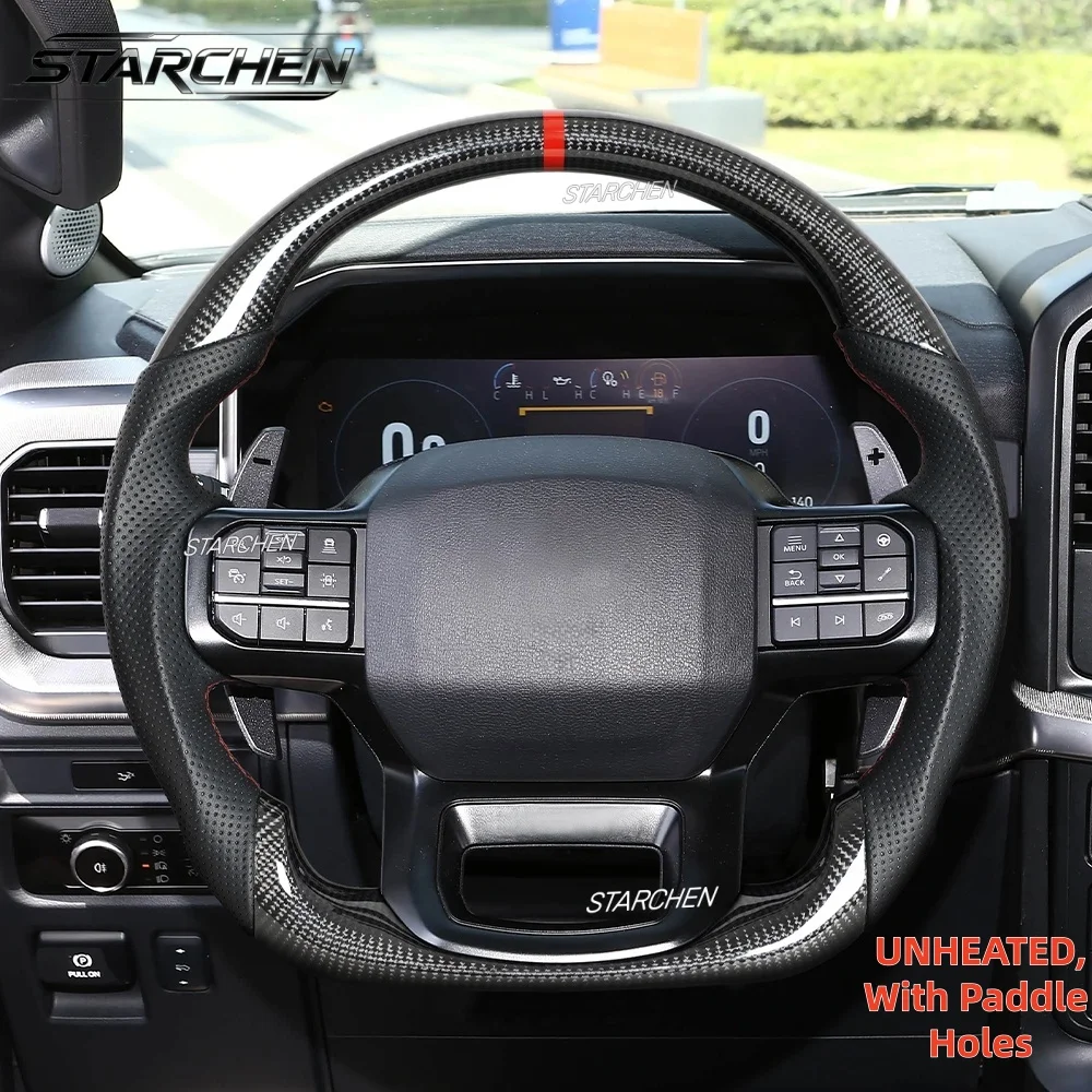 Real Carbon Fiber Steering Wheel for Ford F150 Raptor 2021-2026 with Paddle Holes & Red Stripe (Non-heated)