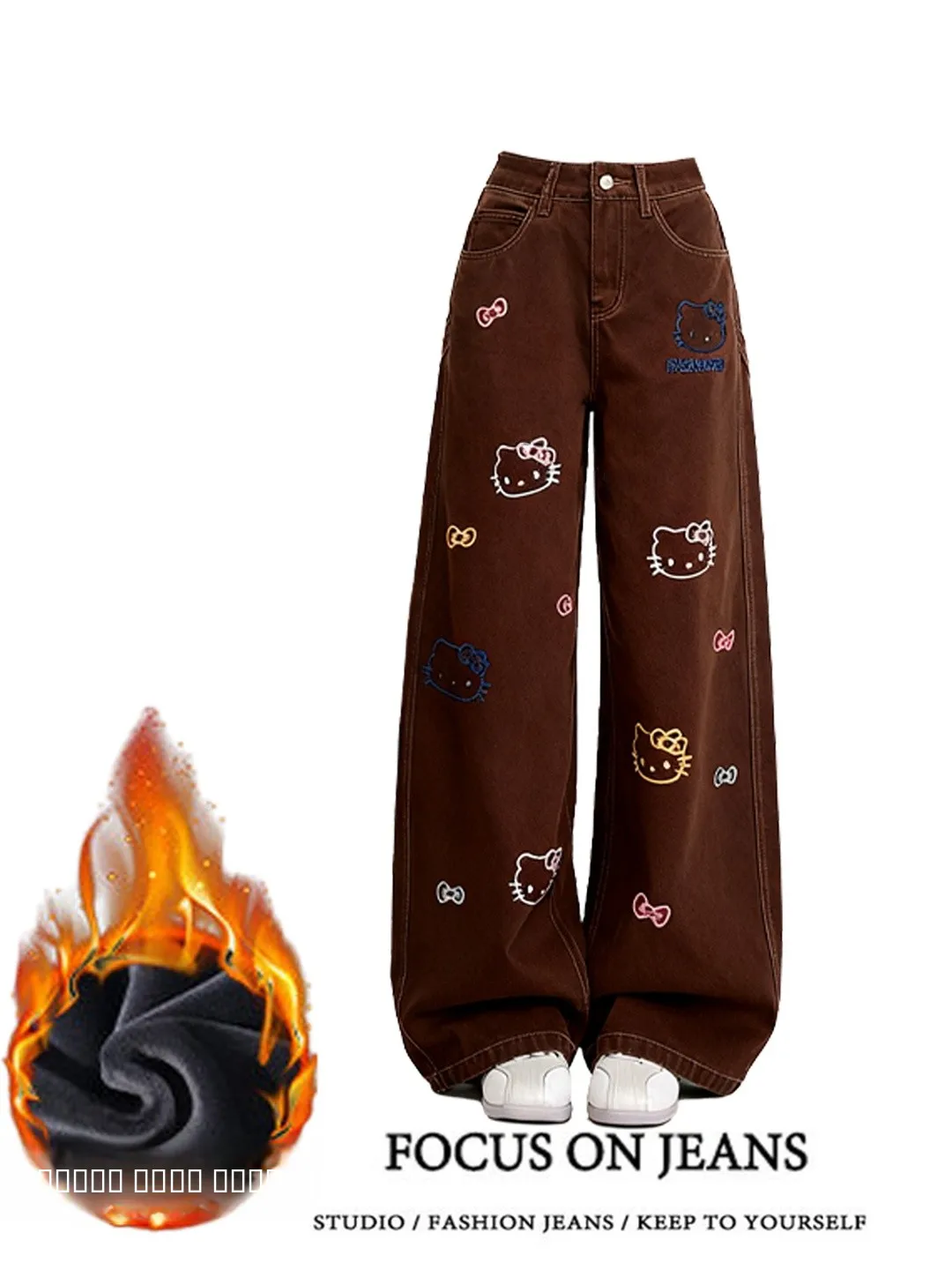 Cartoon-Kit Bestickte Braune Weite Jeans für Damen, Locker Geschnittene Schlankmachende Bodenlange Gerade Hose mit Hoher Taille und Knopfverschluss