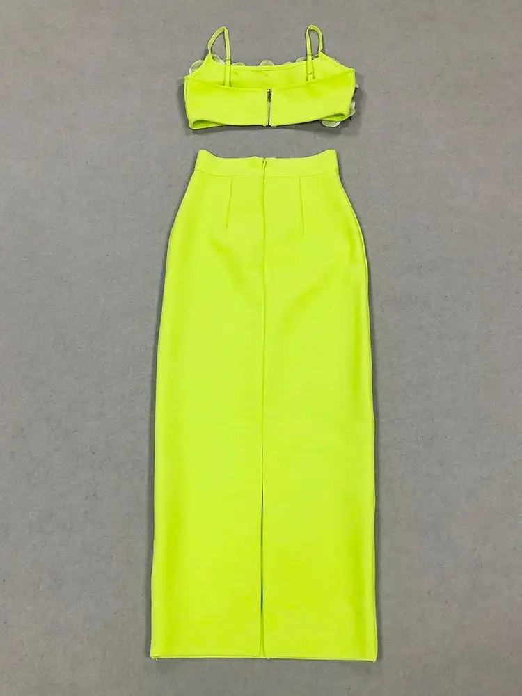 Nieuwe Vrouwen Celebrity Sexy Neon Groen Lange Bodycon Bandage Rok Pak 2024 Elegante High Street Avond Verjaardagsclub Feest Outfits