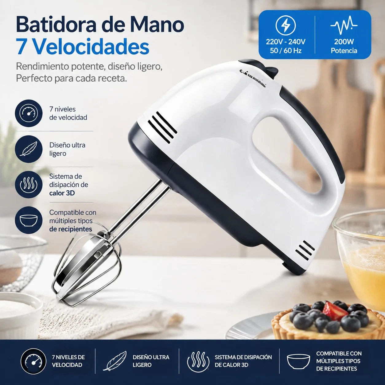 Batteur électrique à 7 vitesses 200W, mélangeur de pâtisserie avec fouets en acier inoxydable, design léger et ergonomique pour la cuisine, 220V-240V, couleur blanc et gris