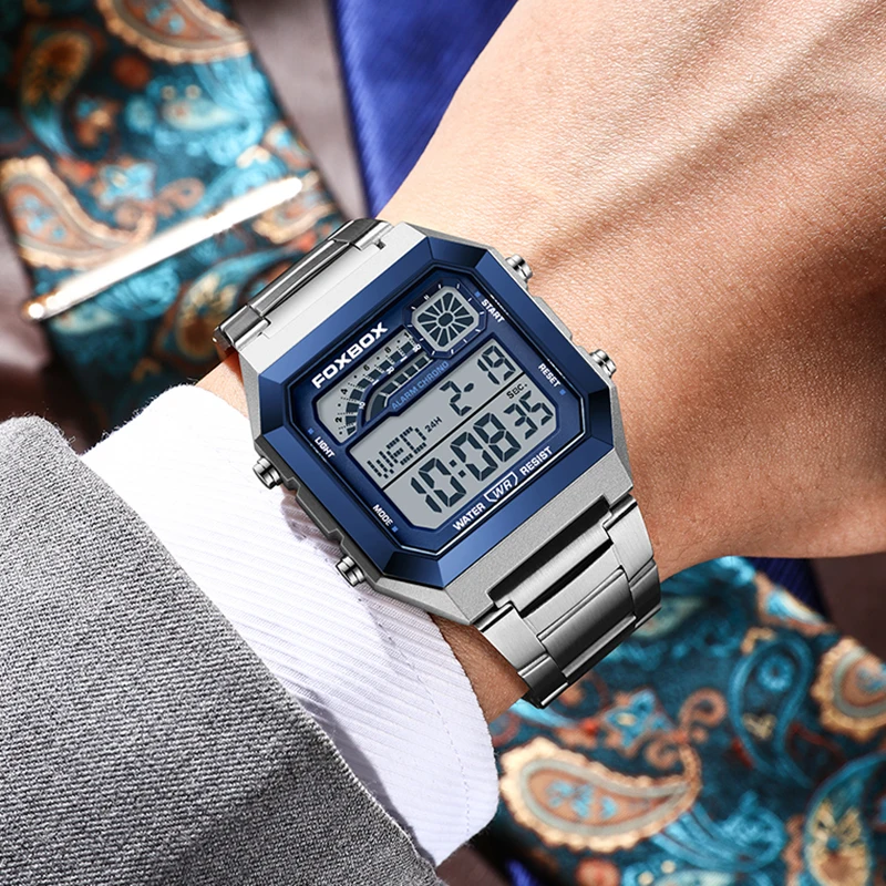 FOXBOX LED Display Mens Watch Fashion Sport Digital Watches Men Casual Waterproof Stainless Steel Quartz Wristwatch Reloj Hombre