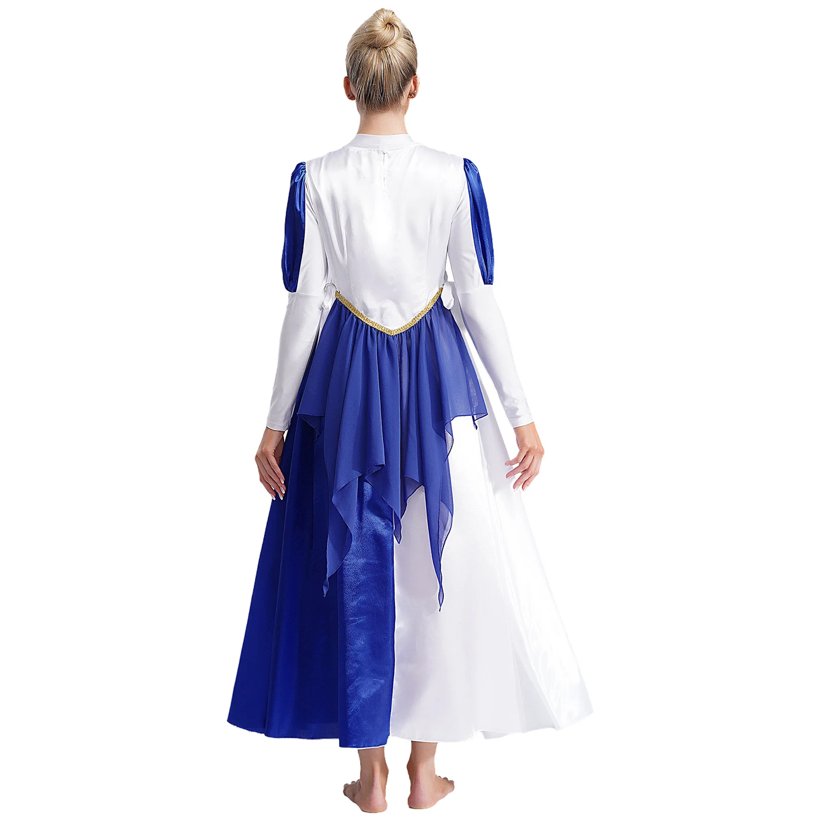 Women Liturgical Dance Outfit Color Block Worship Praise Dancewear Long Sleeve Tunic Maxi Dress and Sides Split Lace-up Vest