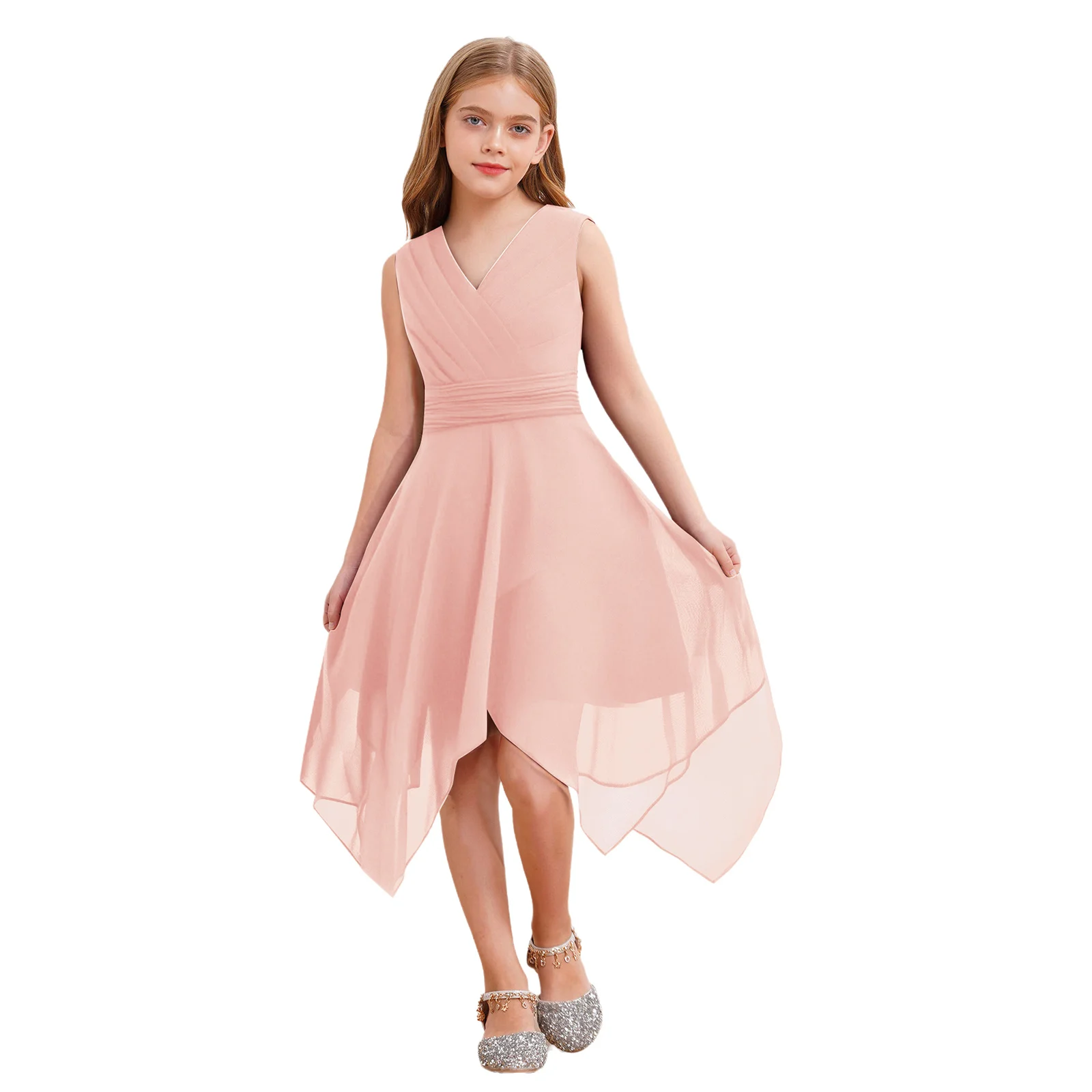 Kids Girls Sleeveless Asymmetrical Chiffon Princess Party Pageant Dress Summer Casual Pleated Waist Wedding Bridesmaid Dress