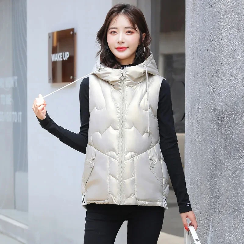 2024 Autumn Down Cotton Vest Women Autumn Winter Sleeveless Hooded Coat Jacket Overcoat Quilted Padded Warm Thick Puffer Vest