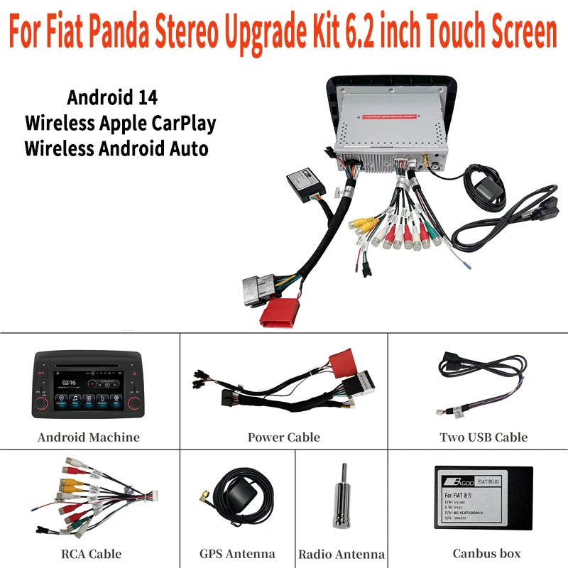 

For Fiat Panda 6.2 Inch Touch Screen Stereo Upgrade Kit Wireless Apple CarPlay Android Auto Navigation DVD Player with 13 Apps