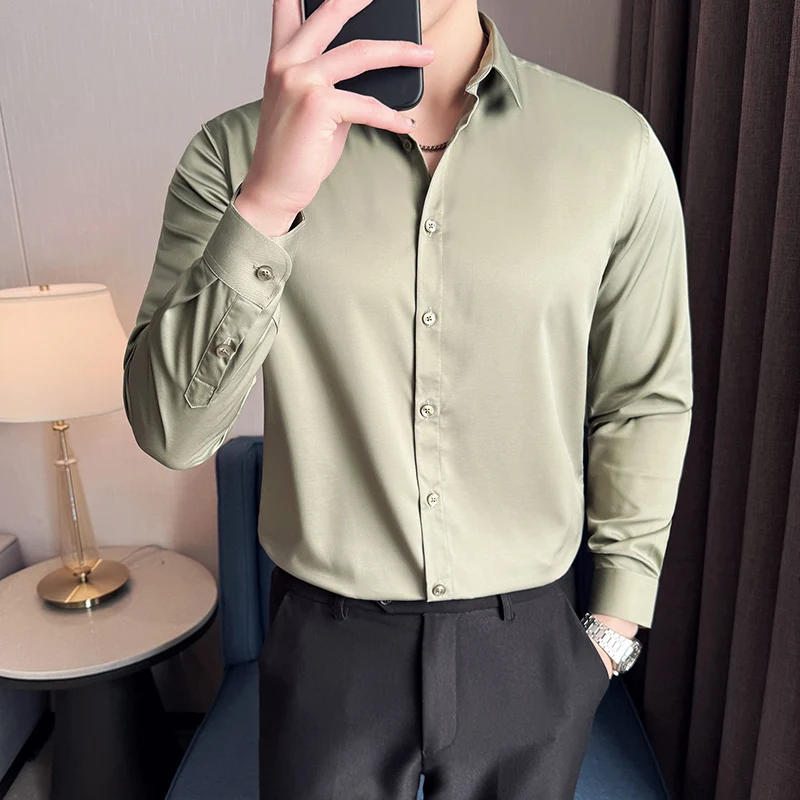 

Plain Color Men's Social Shirts Business Formal Wear Slim Fit Long Sleeve Mens Dress Shirt Single Breasted Blouse Homme 4XL-M