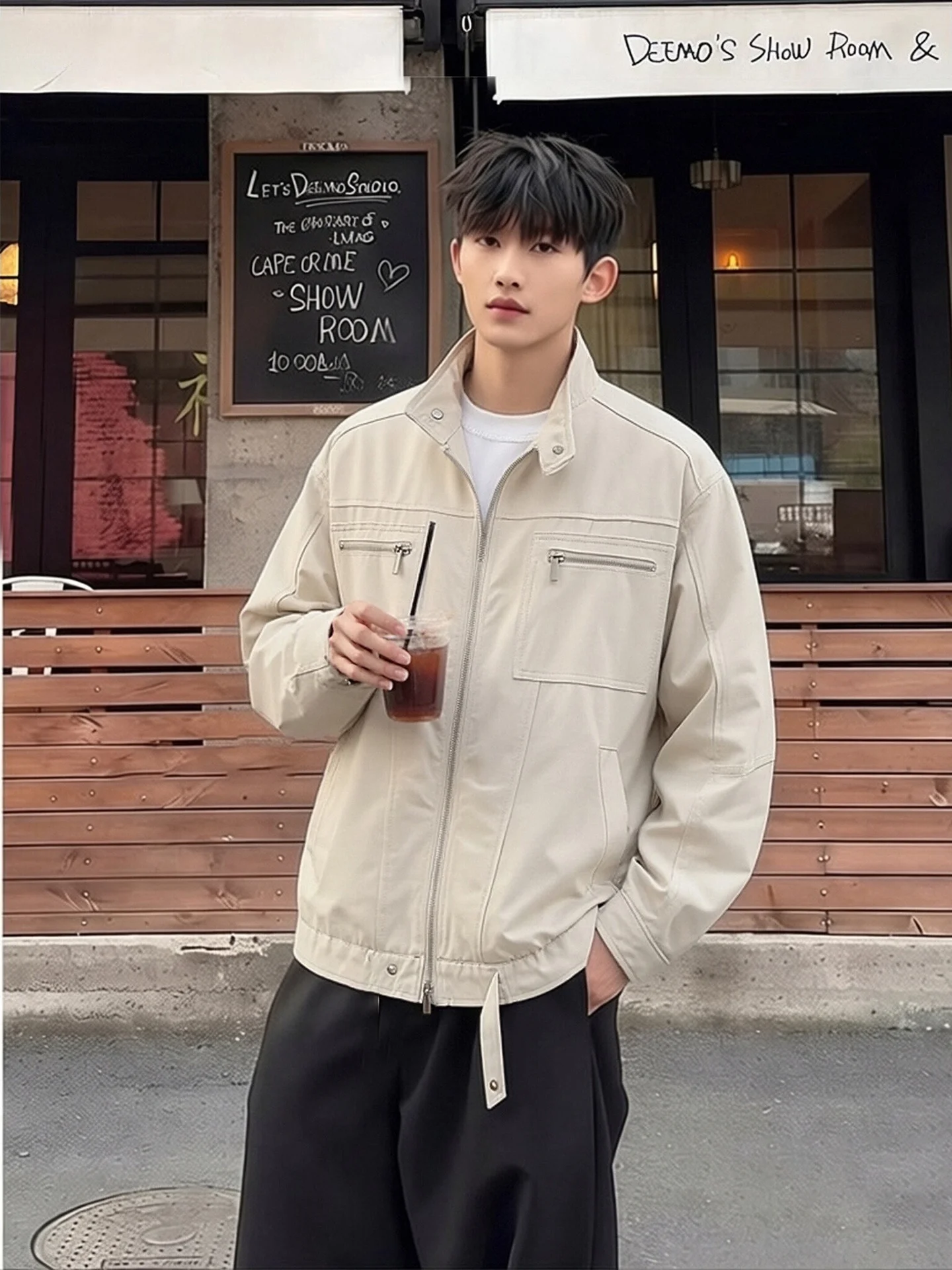 

American Sle Waed Canvas Harington Jaet Men's Spring Trendy ort Stand Collar Workwear Coat Haome Couple Top
