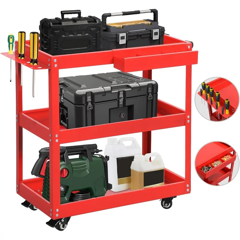 

3-Tier Tool Cart on Wheels, Rolling Metal Service Cart with Screwdriver Hanging Board & Storage Box, Heavy Duty Steel Utility