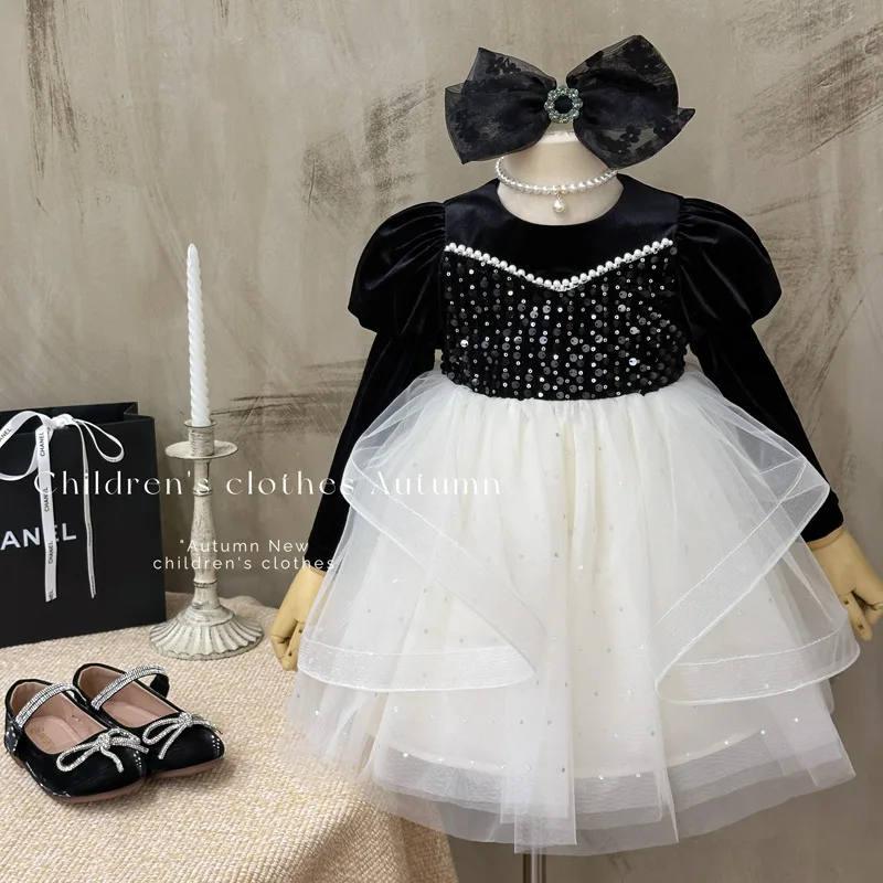 

A.2025Весенне-осеннее новое модное высококачественное бархатное пышное платье принцессы с бантом и блестками для девочек