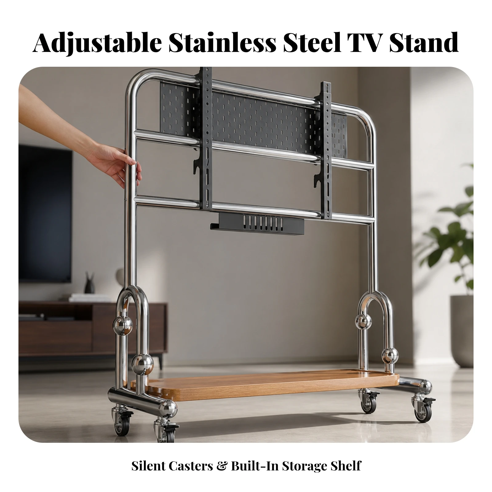 Freestanding Mobile TV Stand with Storage Shelf Sturdy Stainless Steel Frame TV Stand with Wood-Grain Shelf Long-Lasting Stable