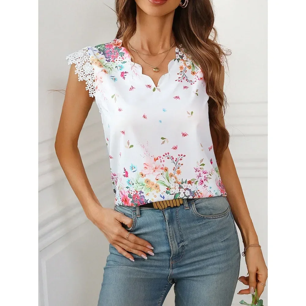 Women Summer New Vacation Floral Print V Neck Lace Trim Shirt Casual Holiday Blouse Ladies Top