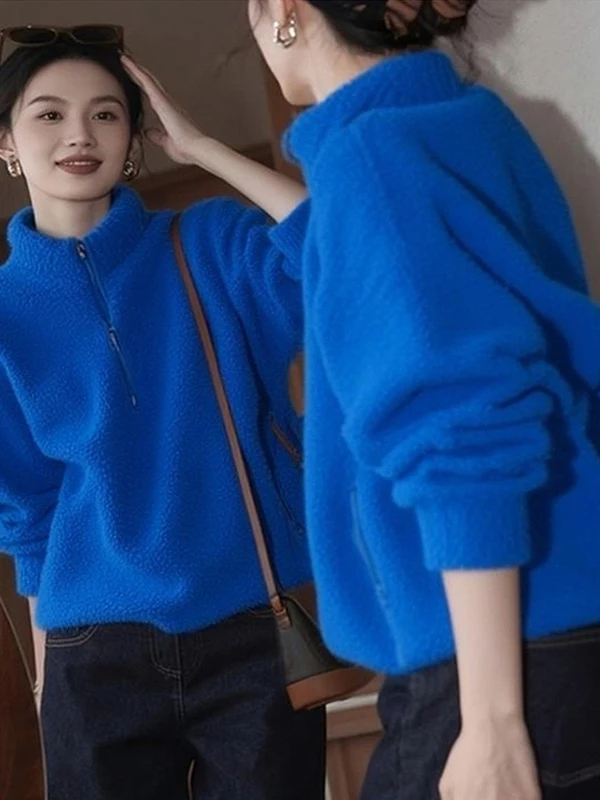 Klein Blue Fce Stand Collar Sweatirt Unique Sli Top Durable Zipper Closure Long Sve Korean Sle Comfortable Fit