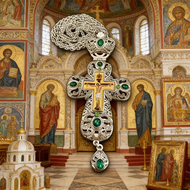 Neue 2026 Premium Zweifarbige Orthodoxe Kreuzkette mit Grünen Kristalldetails und Filigran-Verarbeitung für den täglichen spirituellen Gebrauch – Detail 7