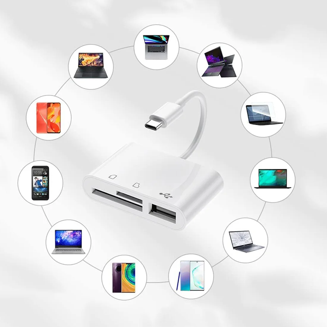 3 In1 Type-C Micro-USB SD TF Phone OTG Card Reader Adapter SD Card Reader for Samsung Galaxy for Tablet , White