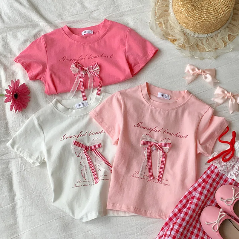 2-10T Toddler Kid Baby Girl Summer Clothes Bow T Shirt Short Sleeve Cotton Tee Top Casual Infant Tshirt Princess Outfit