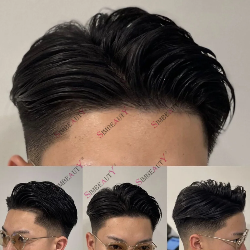 Undetectable Men's Capillary Prothesis Toupee Human Hair Men's Wig 130%Density Durable 0.1mm Thickness PU Base Black Hair System