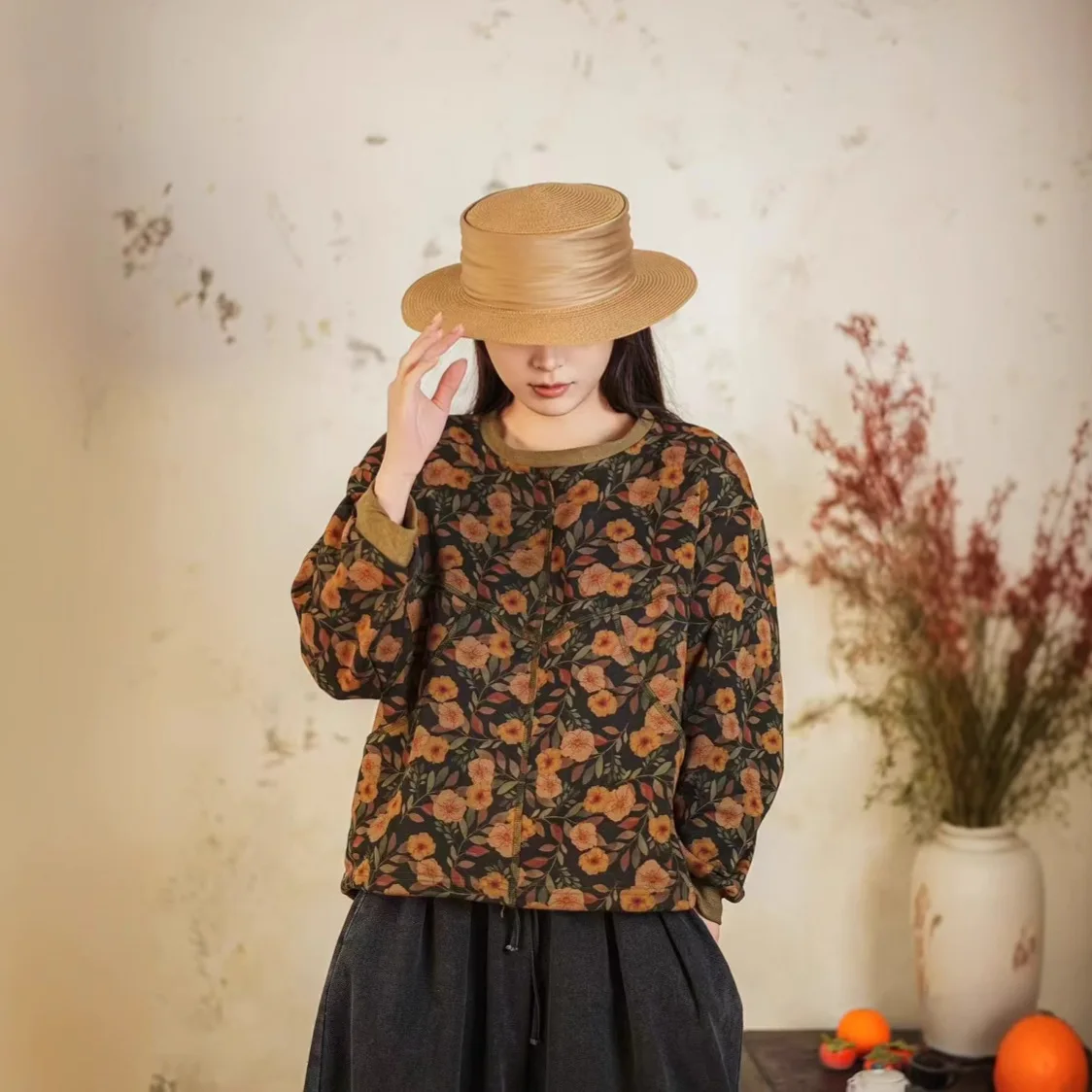 

Spring Korean style loose artistic round neck printed stitching drawstring at hem pullover sweater all-matching top for women