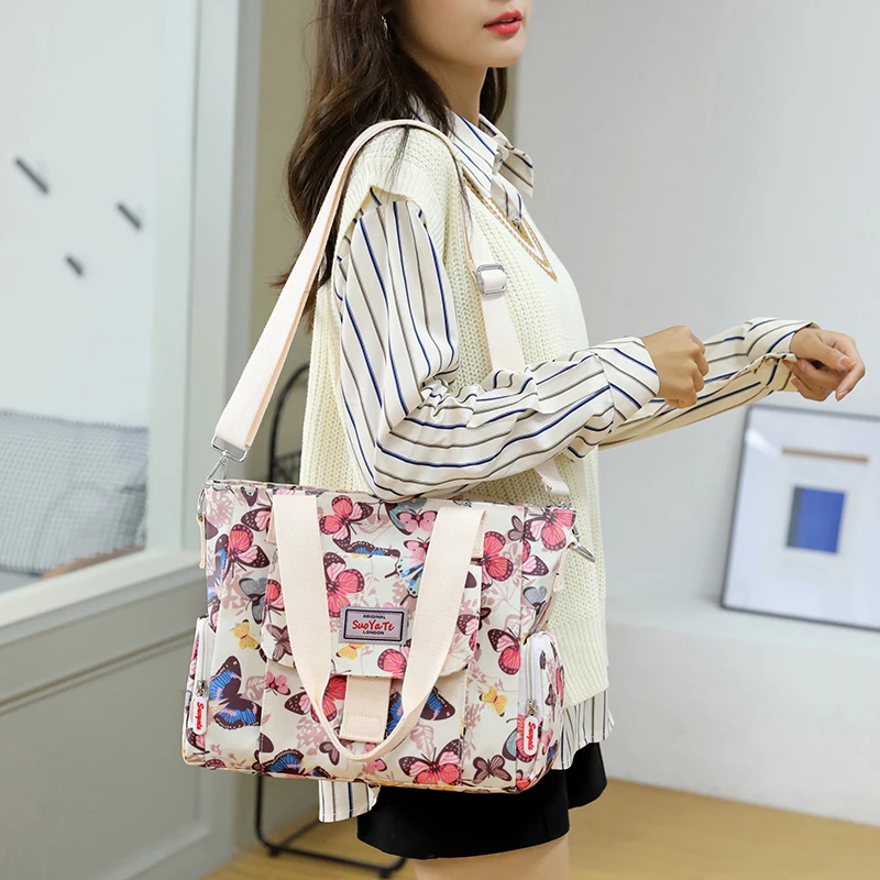 Bolsa de ombro floral pastoral feminina, bolsa de nylon de grande capacidade, alça superior casual impermeável, bolsa mãe, bolsa feminina