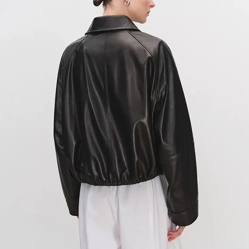 本革の服女性ラペル巾着シルエットショートコート女性本物のシープスキンバルーンジャケットボンバーファム