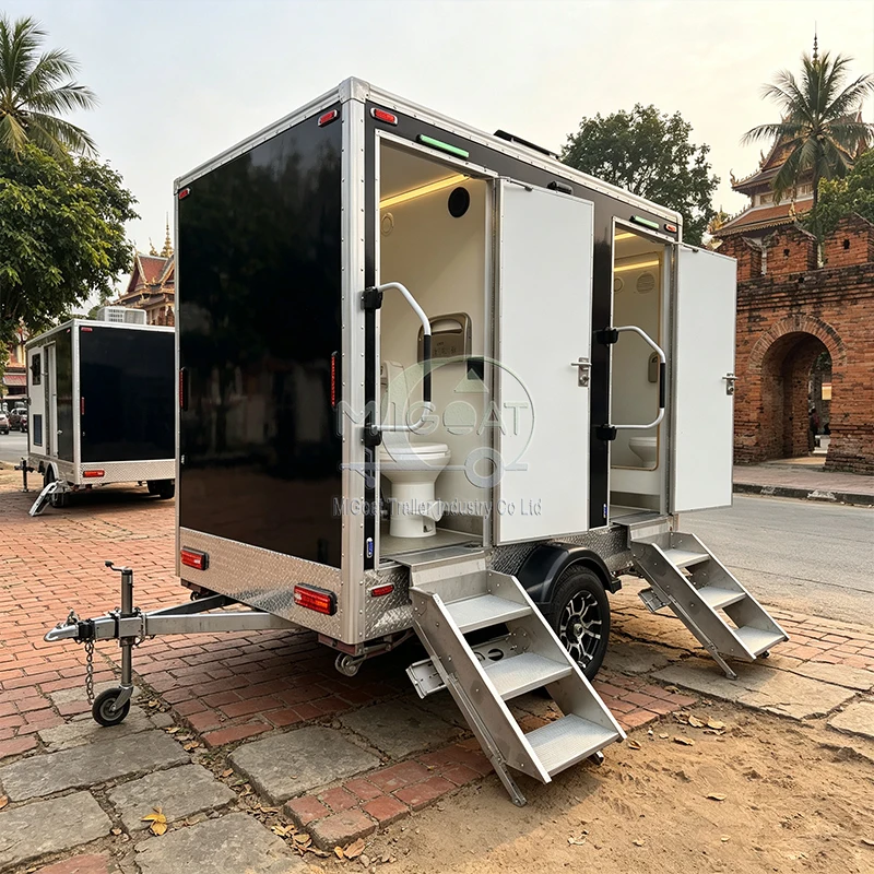 Luxury Restroom Trailer Black Square Box Structure Dual Private Compartments With Led Light And Built In Speaker