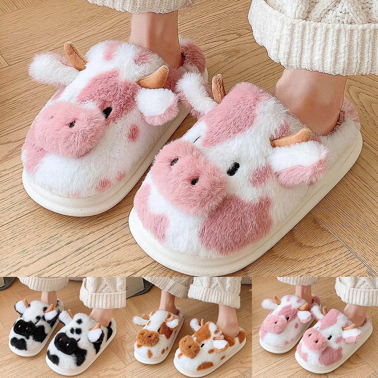 

Women's Winter Warm Cartoon Cow Slippers Closed Toe Non Slip Furry House Shoes Women Indoor Bedroom Thick Sole Plush Slippers