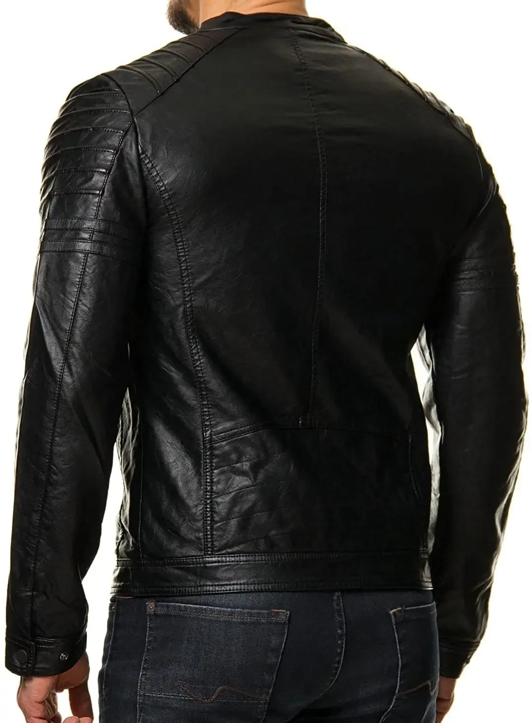 Men's Leather Jacket PU Leather Stand Up Collar Zippered Cardigan Jacket Motorcycle Leather Jacket