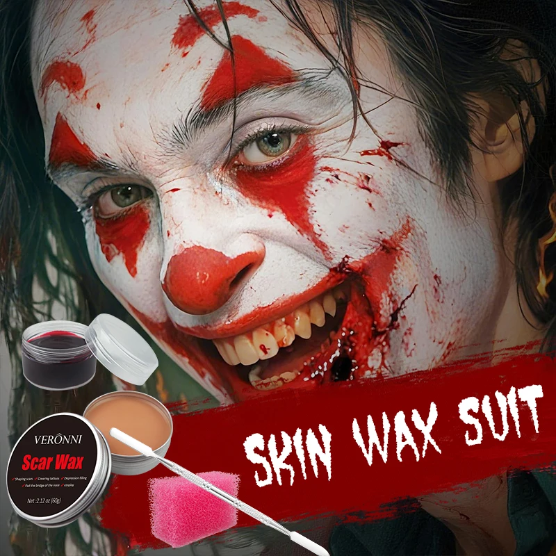 4pcs Scar Wax Sfx Makeup 60g Scar Wax + 20g Fake Blood + Spatula + Sponge Halloween Wound Makeup Kit for Cosplay Party Haloween
