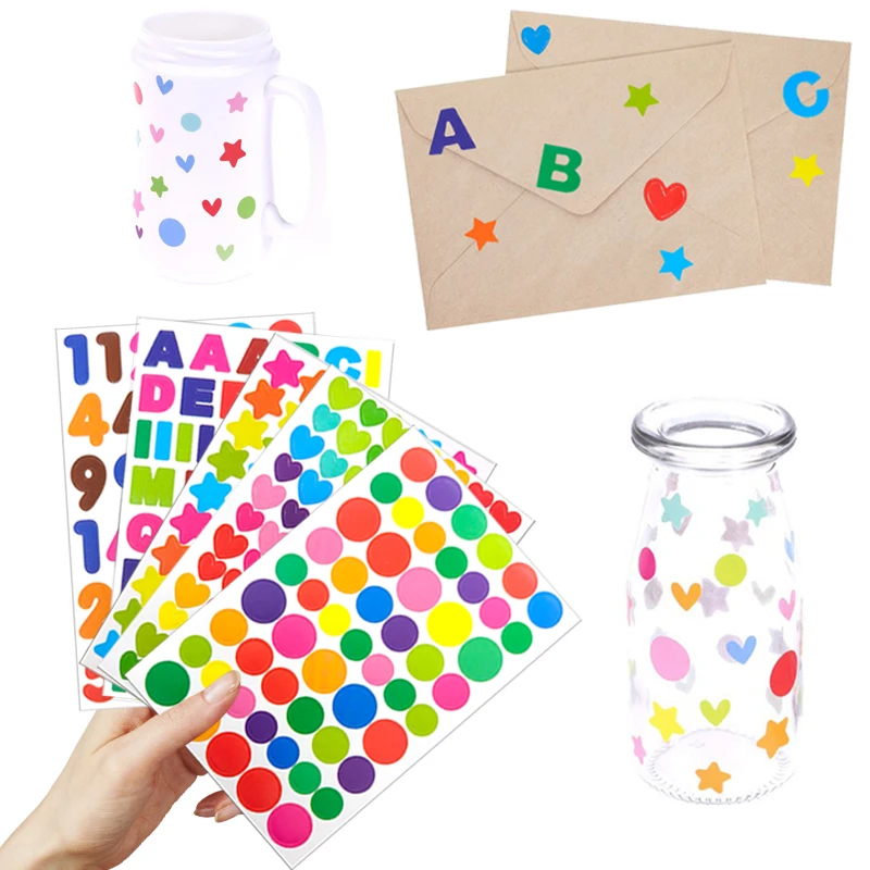 10 Blatt/Lot Bunte Aufkleber Set Anzahl Buchstaben Punkte Herz Stern Selbstklebende Tagebuch Fotoalben Dekorationen Kunst Schreibwaren ZYF