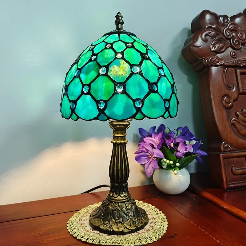 American Retro Tiffany Stained Glass Nostalgic Table Lamp Restaurant Bedside Lamp Retro Cafe Bar Creative Lamp