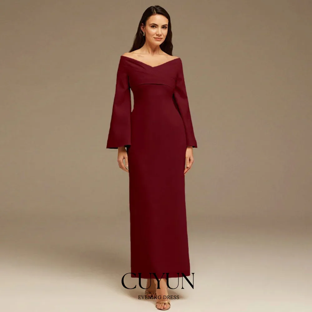 

CUYUN V-Neck Burgundy Evening Dresses Long Sleeves Ankle-Length Banquet Formal Event Gown Customized Long Wedding Guest Dresses