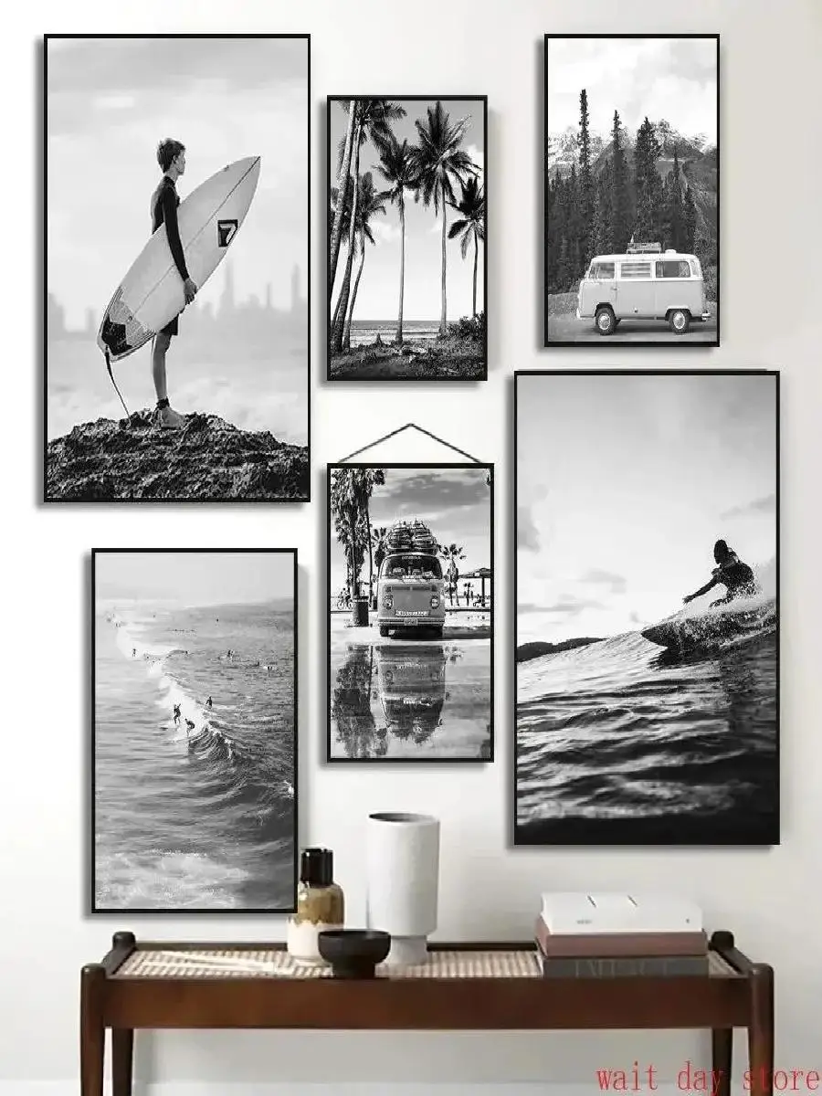 Beach Camper Van Surfing Ocean Landscape Wall Art  Palm Tree  Surfboard Canvas Painting  Home Room Decor Poster Prints