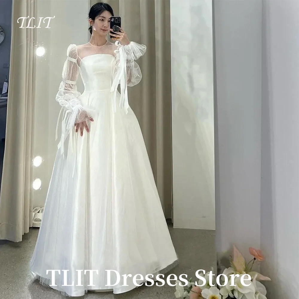 

TLIT Ivory Long Sleeves Wedding Dress O-Neck Prom Gowns Korea Bridal Dress with Bows Ribbons Photos Shoot Customized Gowns