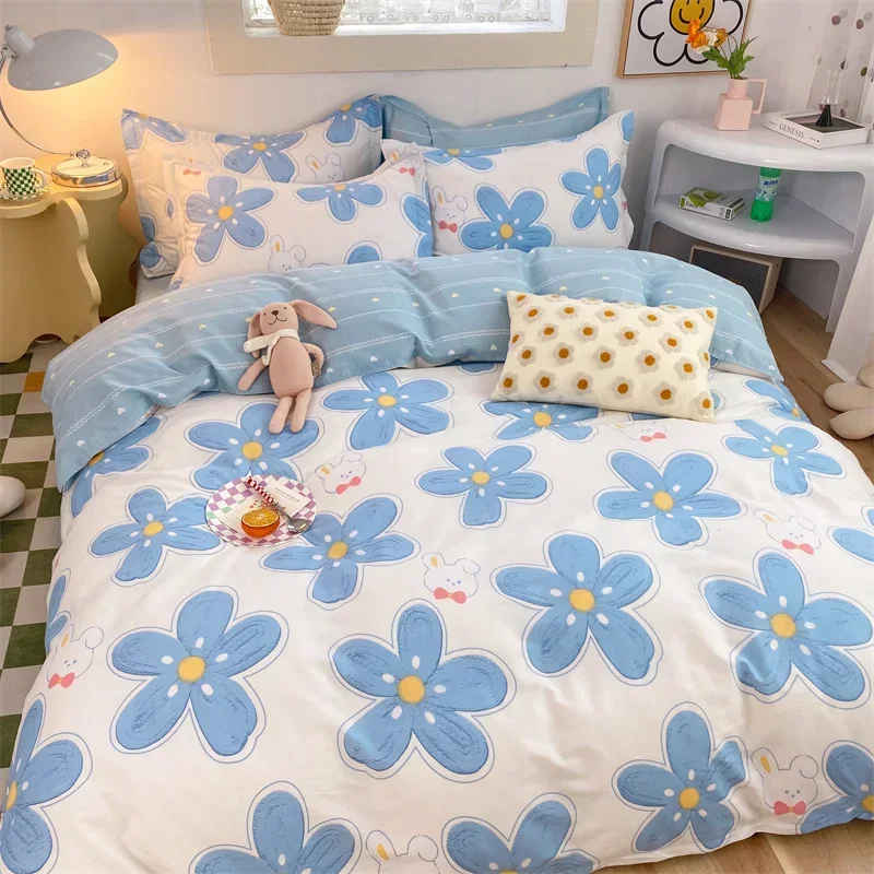 High Quality Cotton Bedding Set, 1 Duvet Cover, 2 Pillowcases, Cartoon Sky Blue Flower Pattern Design, 16 Sizes,Customizable