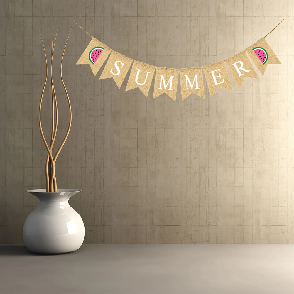 

Watermelon Design Burlap Banner Summer Party Decoration Linen Bunting Flag Dovetail Shape Creative Swallowtail Garland Party