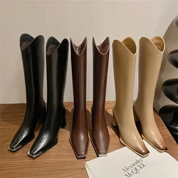 2023 New Winter Knee-High Boots for Women Square Toe Knight Boots Split Leather Women Boots High Heels Concise Boots De Mujer