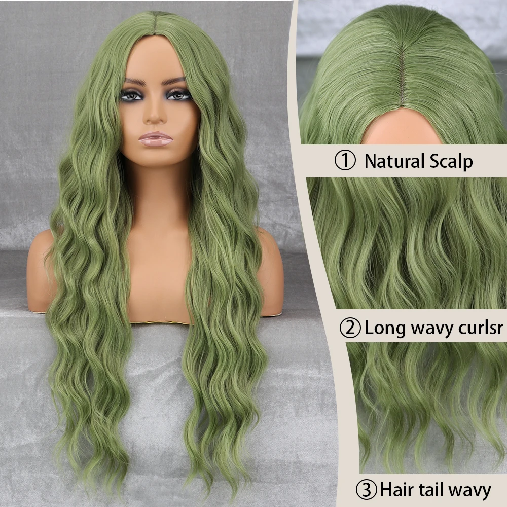 Long Wavy Green Synthetic Wig Women\'s Heat-Resistant Natural Half Part Cosplay Party Lolita Red Black Pink Wig