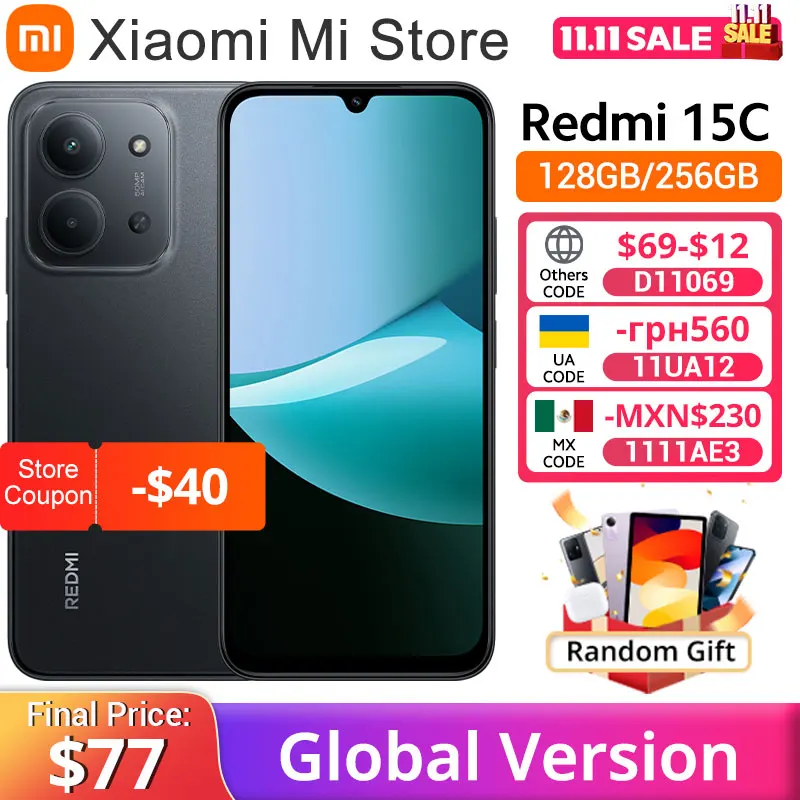 Redmi 15C الإصدار العالمي للهاتف الذكي Xiaomi MediaTek Helio G81-Ultra 50MP كاميرا رئيسية 120 هرتز 6.9 بوصة شاشة نقطية 33 وات شحن