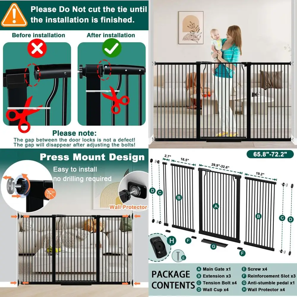 

40.5" Extra Tall Baby Gate for Stairs, 65.8"-72.2" Extra Wide Long Dog Pet Gate Indoor for House, Safety Child Toddler Gate, Met