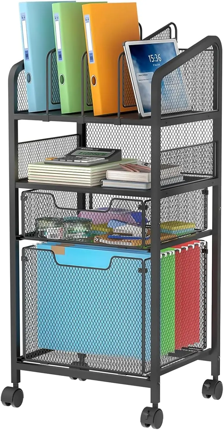 Mobile 4-Tier File Cabinet with Adjustable Dividers, Lockable Wheels for Home Office Storage