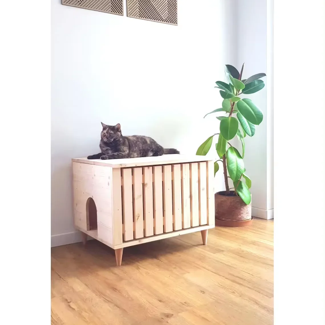 Mid-century Modern Litter Box Cabinet Made of Spruce Wood with Top Opening, Cat Litter Box Enclosure, Cat Furniture, Cat House