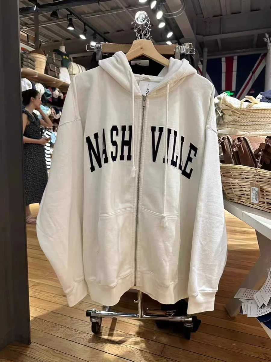 

American Retro Naville Letter Patchwork Embroidery Jaet BM Hoodie Zipper Loose Long Sve Trendy Cotton Sweatirt