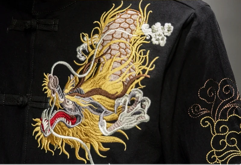 Embroidered Golden Dragon Men\'s Short Sleeve Shirts New Chinese Style Retro Stand Collar  Linen Cardigan Men\'s Kungfu Casual Top