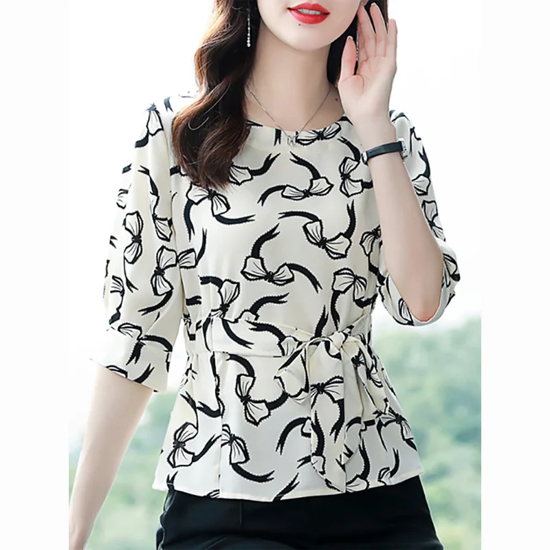 

2023 New Summer Elegant and Fashionable Style Round Neck Bow Print Waist Belt Slim Commuter Simple Casual Women's Shirt