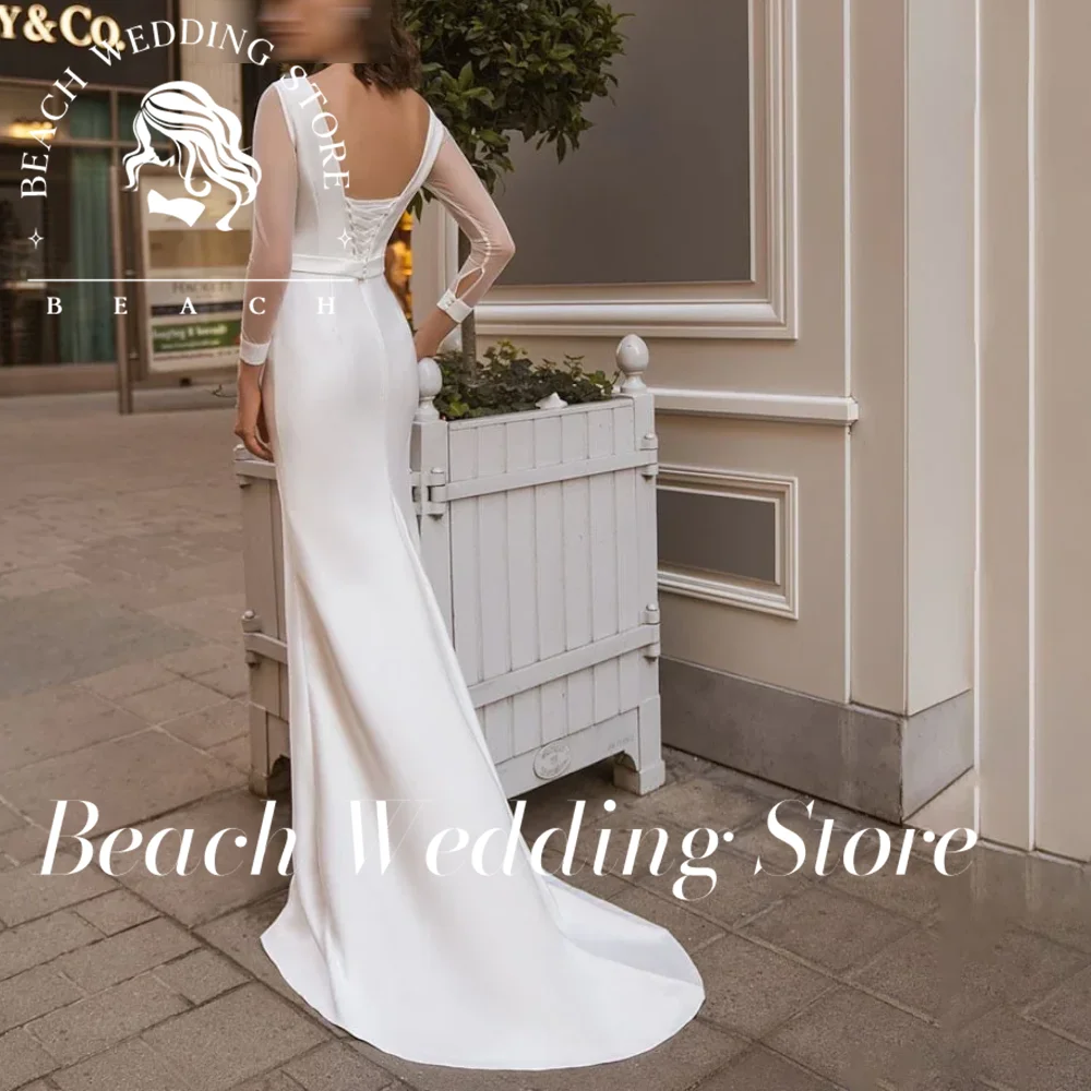 Abito da sposa tubino a maniche lunghe trasparente personalizzato da spiaggia Semplice scollo rotondo Abiti da sposa in morbido raso con lacci senza schienale Sweep Train