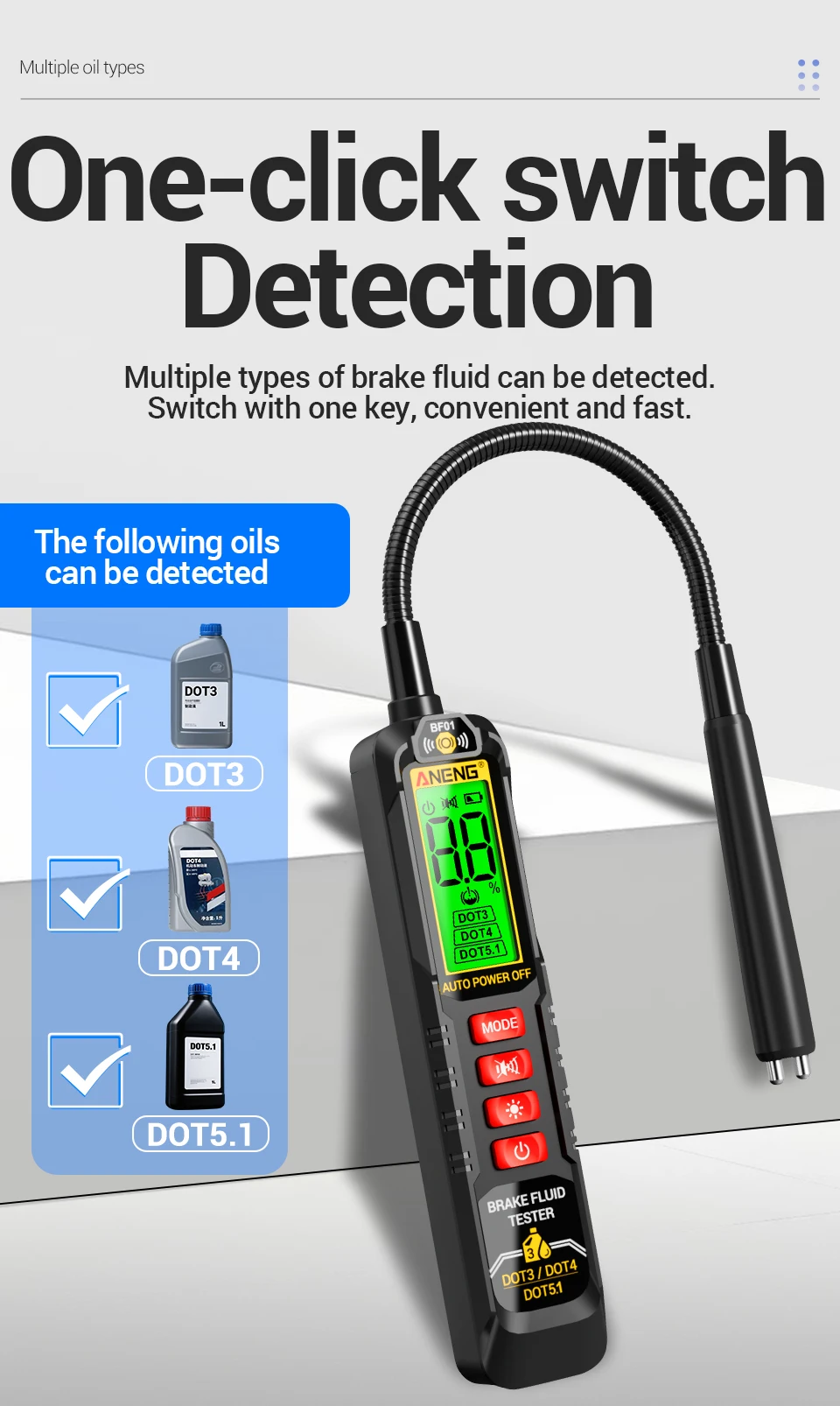 ANENG BF01 Bremsflüssigkeitstester Handgerät mit Digitalanzeige Akustischer/Sichtbarer Alarm Test RT01 Auto Digitales Relais-Detektionskit – Detail 3