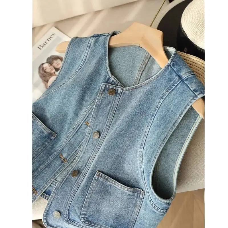 

Fashion Versatile Denim Vest for Women Spring Autumn New Style Loose Short Sleeveless Coat Casual Single Breasted Jacket Top